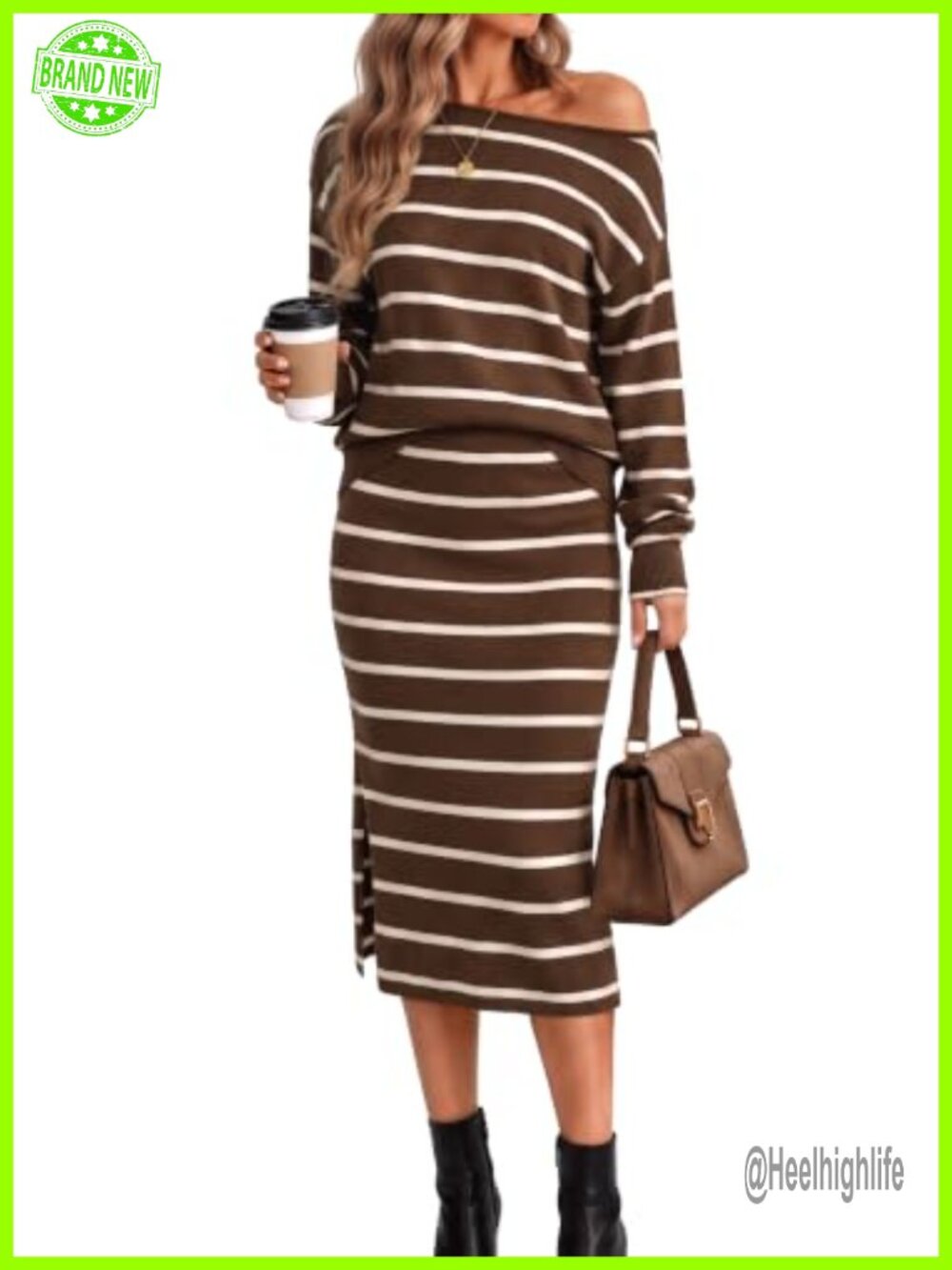 Sipaya Women's 2-Piece Knit Sweater and Midi Skirt Set Striped Long Sleeve